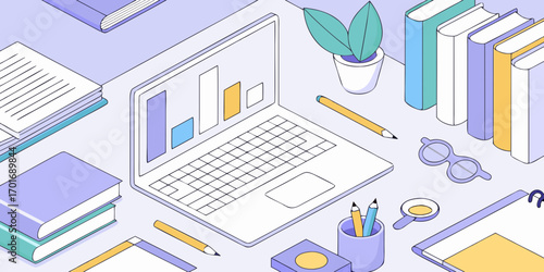 Isometric flat design illustration of a desk with a laptop showing charts and graphs surrounded by books and stationery