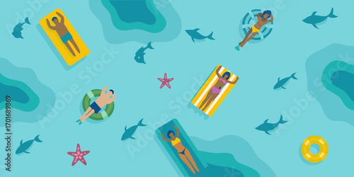 Diverse group of people relaxing on inflatable rafts and tubes in a blue ocean with stylized fish and starfish