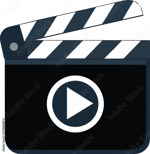 Classic black and white clapperboard with play button icon for video production