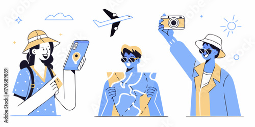 Diverse group of travelers planning and enjoying vacation adventures with maps and technology