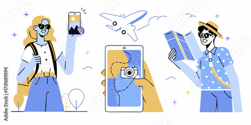 Travelers planning a trip with smartphones and maps an airplane flies overhead