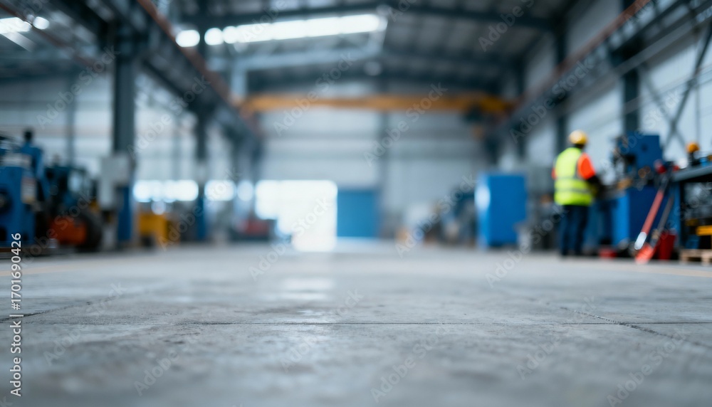 Obraz premium Blurred Factory Floor with Industrial Equipment and Personnel, Representing Manufacturing and Production Processes
