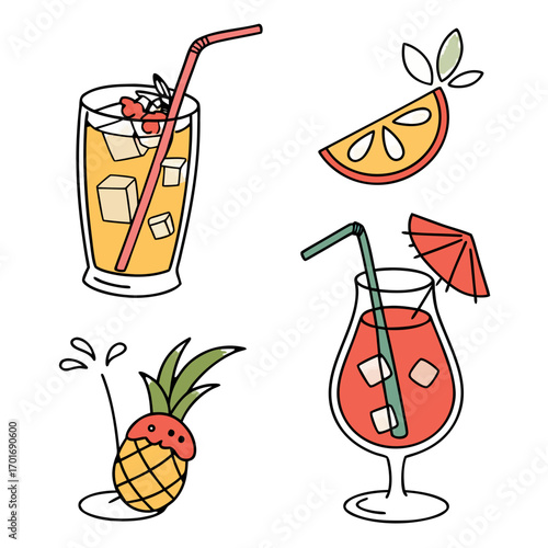 set of cocktails and fruits