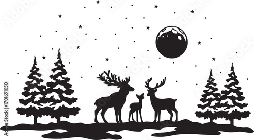 Silhouette of winter. Christmas village. Christmas scene with reindeer, stars and snow, good for holiday Christmas banner or card
