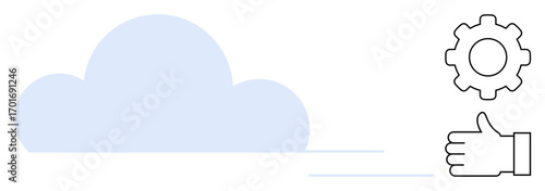 Minimalist cloud symbol with subtle motion lines, gear for process optimization, thumbs-up for positive outcomes. Ideal for technology, cloud computing, workflow, teamwork, feedback, innovation