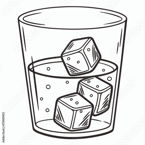 Clean illustration of a transparent glass with three ice cubes and what appears to be a clear beverage inside. The style is a black-and-white sketch, with the ice cubes and liquid shown.