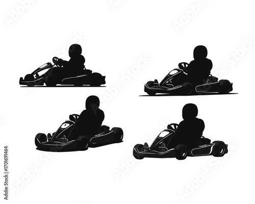 Four silhouette illustrations of go kart racers in different poses on a white background