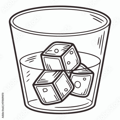 A black‑and‑white line drawing of a cylindrical glass containing three ice cubes shaped like dice, each showing different dot patterns.