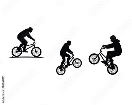 Dynamic silhouettes of a bmx rider performing tricks on a bicycle against a white background