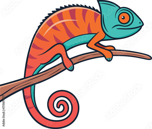 Vector art of colorful cartoon chameleon perched on a branch
