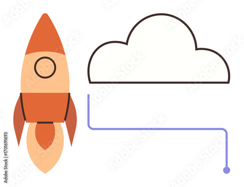 Rocket with sleek orange design next to a geometric cloud, visually linked by a blue line. Ideal for technology, innovation, startup growth, cloud computing, development, future vision, creative