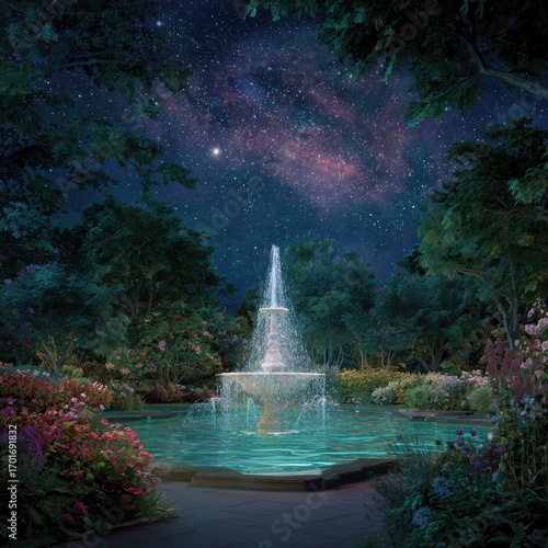 Enchanted Garden Fountain Under Starry Night Sky.