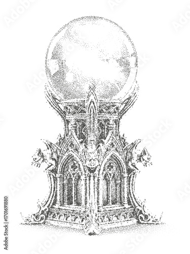Gothic magic ball in halftone stipple dotwork style. Mystical occult crystal sphere illustration for tattoo, poster, and Halloween design.