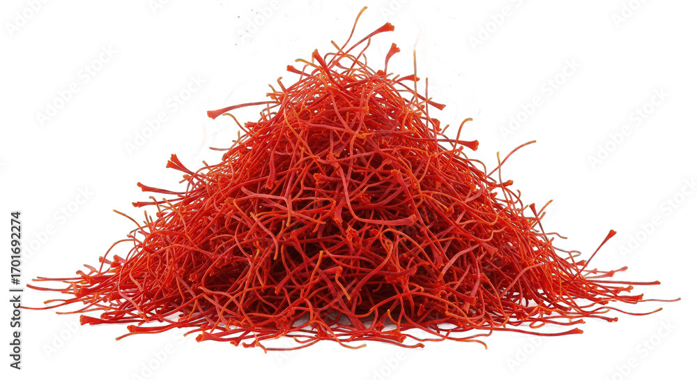 Fototapeta premium Pile of vibrant red saffron threads isolated on transparent background, a prized spice