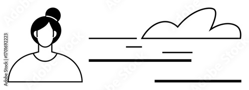 Female figure next to abstract cloud and lines symbolizing calm, serenity, and simplicity. Ideal for mindfulness, balance, peace, introspection, creative expression, branding visual storytelling