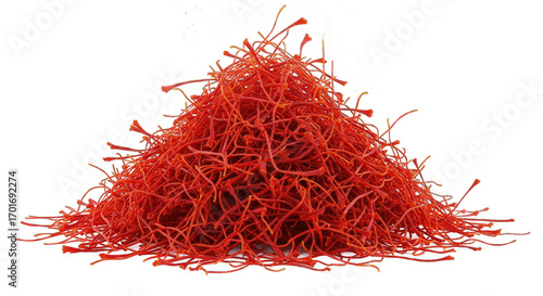 Pile of vibrant red saffron threads isolated on transparent background, a prized spice