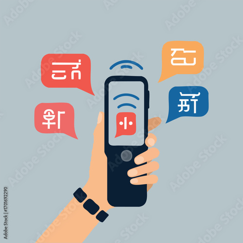 Futuristic International Translation Day vector art showcasing augmented reality translation, language flow ribbons, binary code overlays, and global communication icons with bold colors.