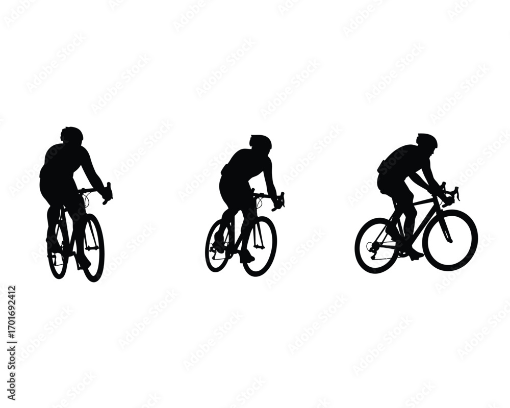 Obraz premium Three silhouettes of cyclists in motion on bicycles against a white background