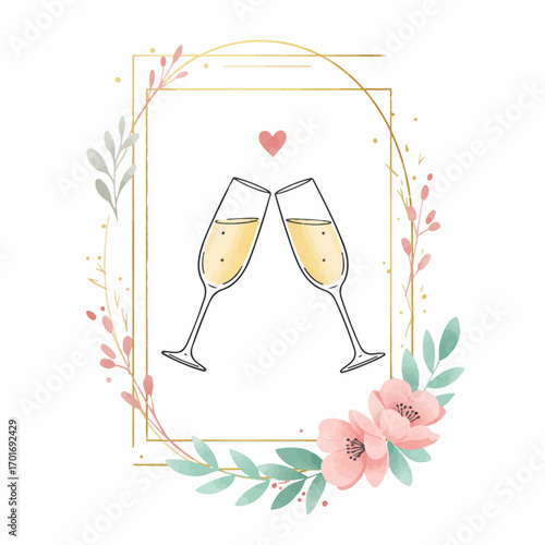 A romantic illustration featuring two champagne glasses clinking together within a golden frame adorned with delicate flowers and leaves, symbolizing celebration and love.