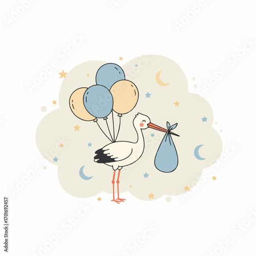 A charming illustration of a stork carrying a baby bundle in its beak, with balloons floating above, set against a whimsical cloud background with stars and moons.