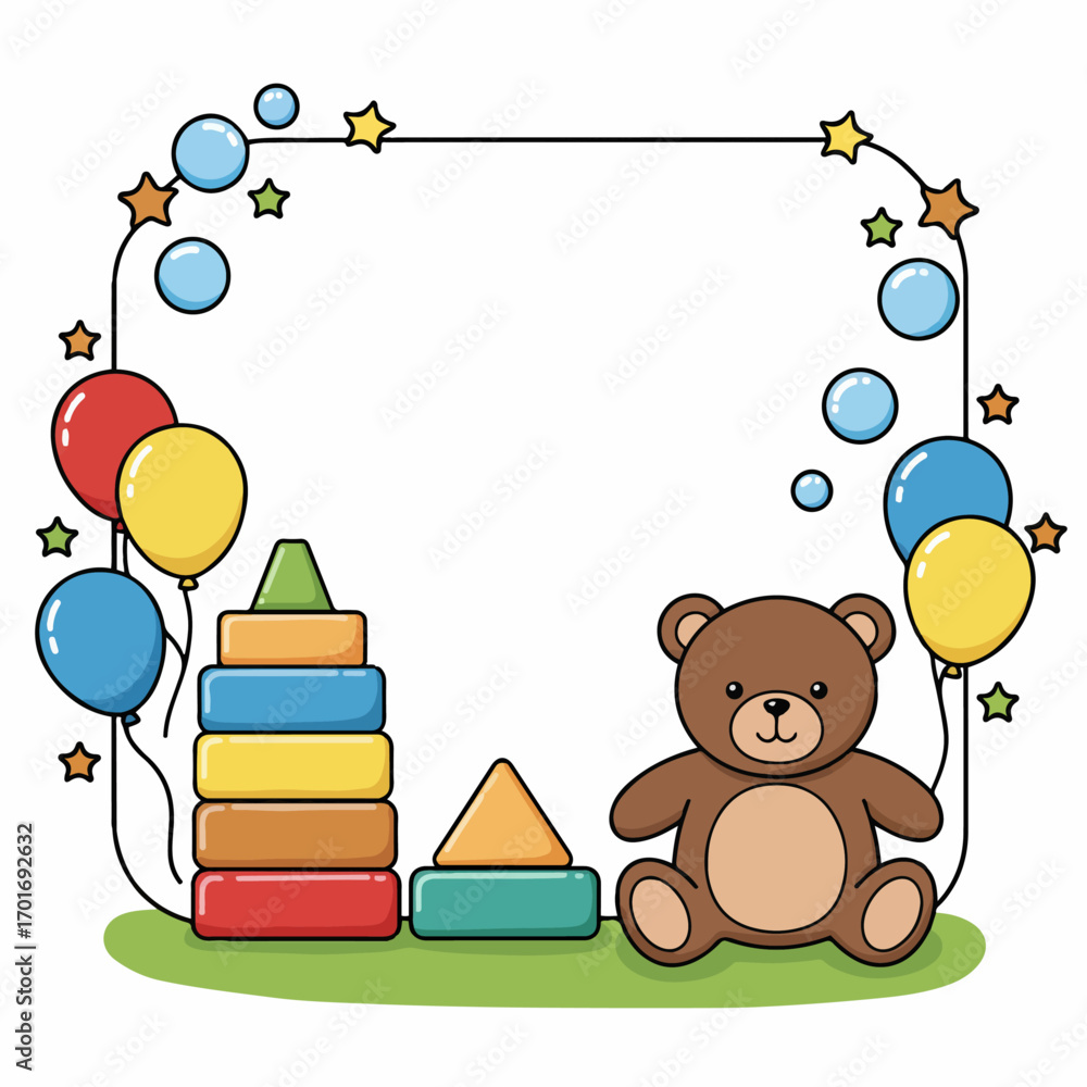 Fototapeta premium A whimsical border design featuring a teddy bear, stacking rings, balloons, and stars, perfect for a child's celebration or invitation.
