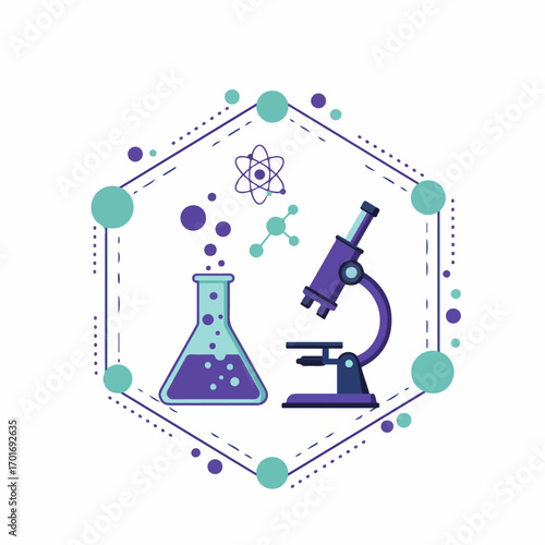 A scientific illustration featuring a beaker with bubbling liquid, a microscope, and molecular structures within a hexagonal frame.