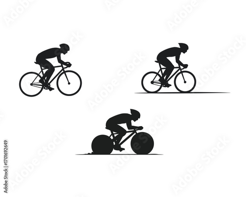 Three silhouette illustrations of cyclists in motion on bicycles representing speed and athleticism in sports