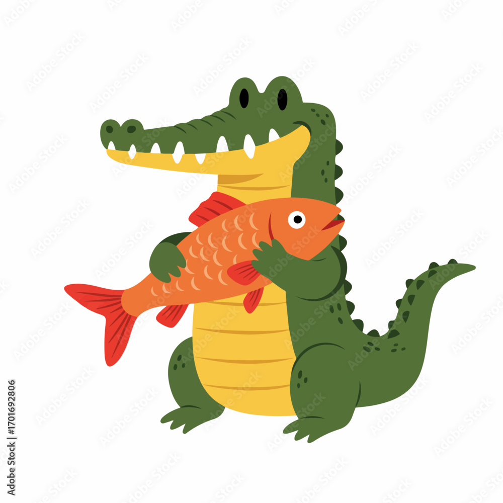 Naklejka premium A cute cartoon alligator hugging a bright orange fish with a red fin.