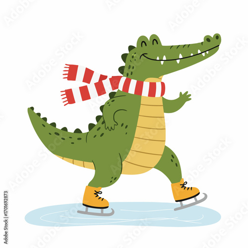 A happy cartoon alligator wearing a scarf and ice skates, gliding gracefully on an ice rink.