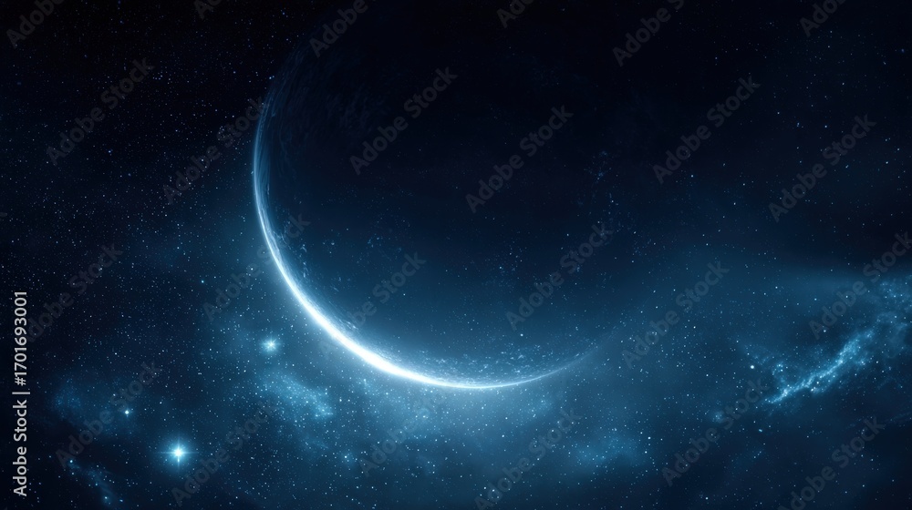 Obraz premium Ethereal Crescent Planet with Glowing Aura and Cosmic Dust in Deep Space Exploration Concept