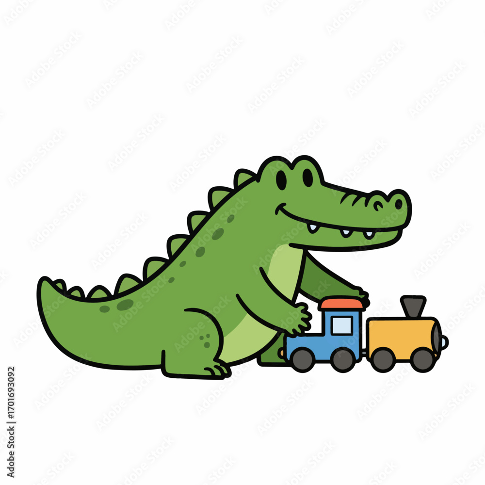 Fototapeta premium A cute cartoon alligator playing with a toy train.