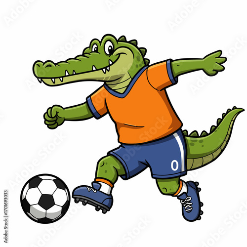 A cartoon alligator wearing a soccer uniform dribbles a soccer ball with its foot.