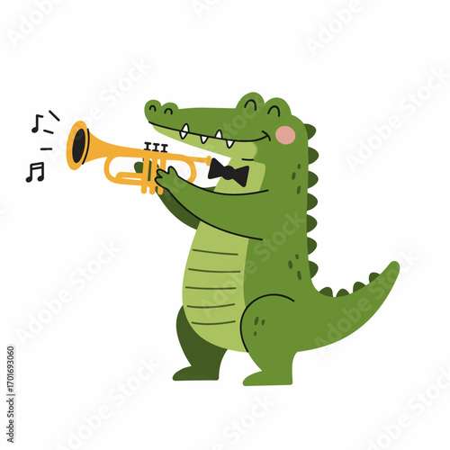 A cheerful cartoon alligator wearing a bow tie plays a golden trumpet with musical notes emanating from it.