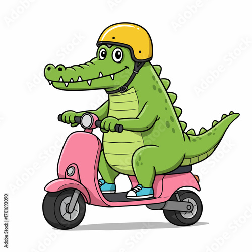 A cartoon green alligator wearing a yellow helmet rides a pink scooter with a happy expression.