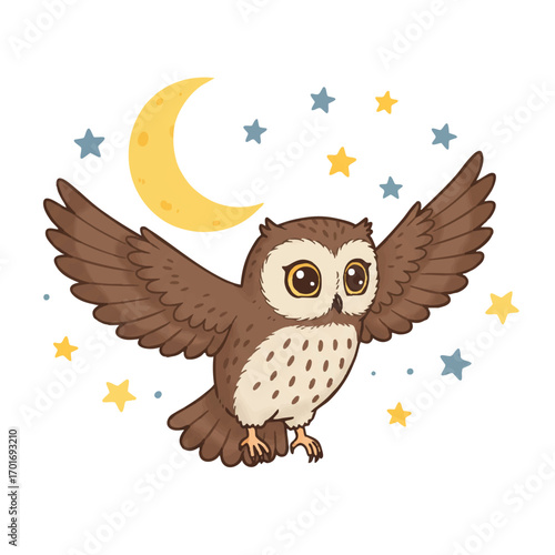 A charming vector illustration features a cute owl soaring gracefully across a vibrant starry night sky alongside a gentle crescent moon, rendered in a simplified flat 2D style.