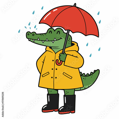 A cheerful cartoon alligator wearing a yellow raincoat and black boots, holding a red umbrella under the rain.
