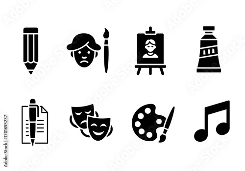 Artistic Essentials: A collection of icons representing various tools and symbols of art and creativity, including a pencil, face, paintbrush, easel with painting, paint tube, paper with pen.