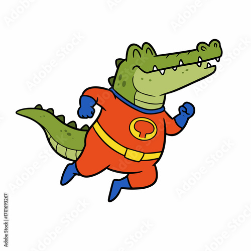 A cartoon alligator wearing a superhero costume with a red suit, yellow belt, and blue gloves and boots, running with a determined expression.