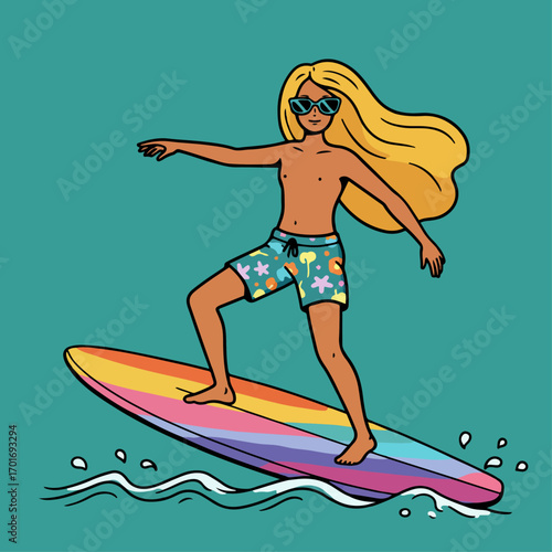 A blonde surfer girl with sunglasses rides a rainbow surfboard on a turquoise ocean wave.