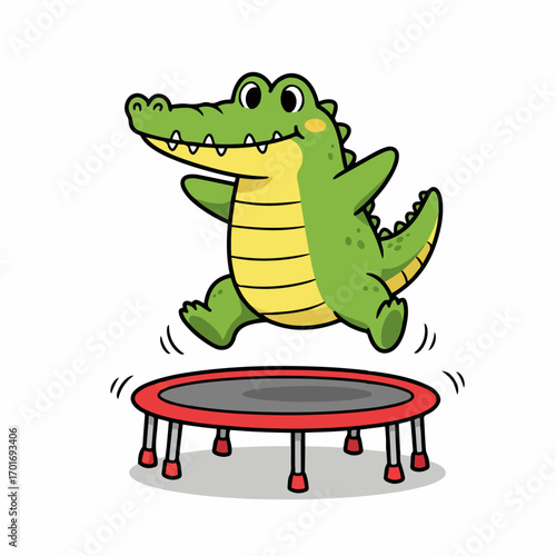 A cute cartoon alligator joyfully jumping on a red trampoline with a big smile.