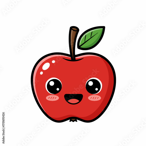 A cute and happy red apple with big eyes and a smile, a green leaf attached to its stem.