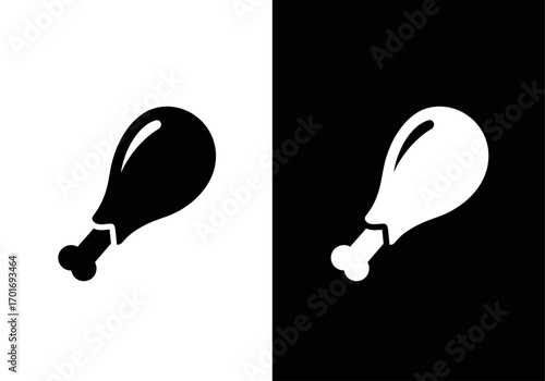 Chicken Leg Icon: A sleek, contrasting image of a chicken leg icon, rendered in stark black and white, presents a culinary staple in a minimalist style, perfect for design uses.