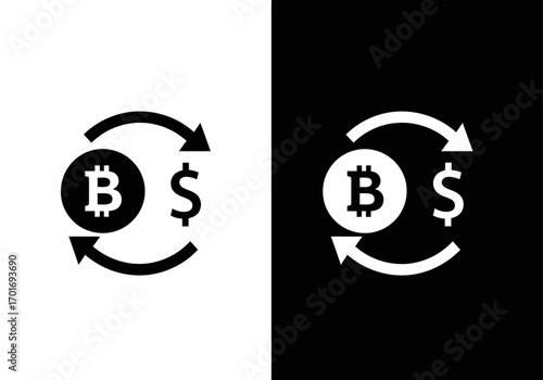 Bitcoin and Dollar Symbol: A digital representation of the Bitcoin and dollar exchange, captured with clarity in black and white, representing global finance.