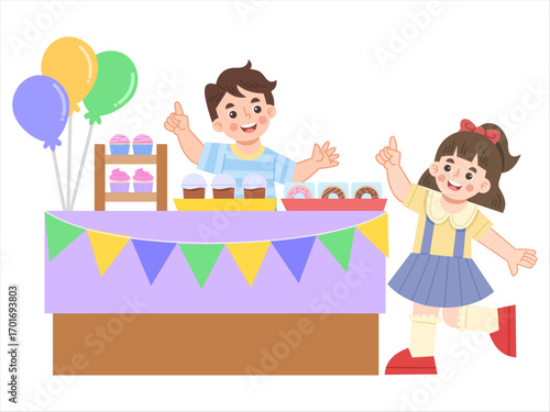 Children at Cupcake and Donut Stand Illustration