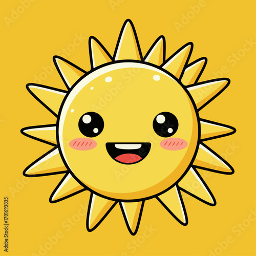 A cute cartoon sun with a happy face and rosy cheeks, radiating warmth and joy against a solid yellow background.