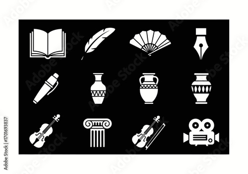 Cultural Collection: A curated collection of elegant, white line icons set against a stark black backdrop, representing the timeless beauty and artistic heritage. 