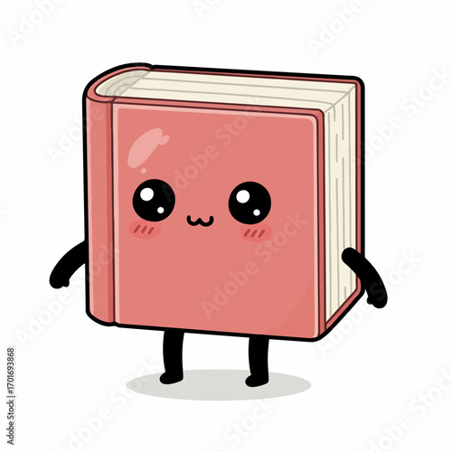 A cute, anthropomorphic pink book character with big eyes and rosy cheeks, standing on two legs with its arms outstretched.