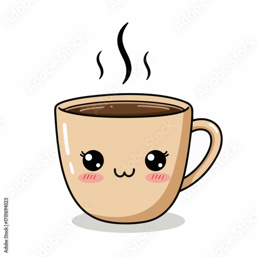 A cute kawaii coffee cup with a happy face and steam rising from the hot beverage.