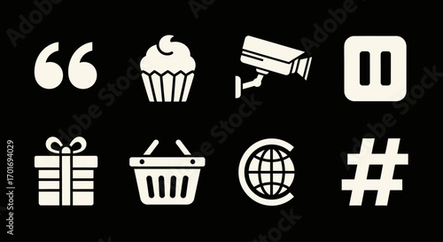 Iconic Expressions: A set of simple yet sophisticated icons that tell a story with minimal visuals. The collection features quotes, cupcake, security camera, pause button, gift box, shopping basket.