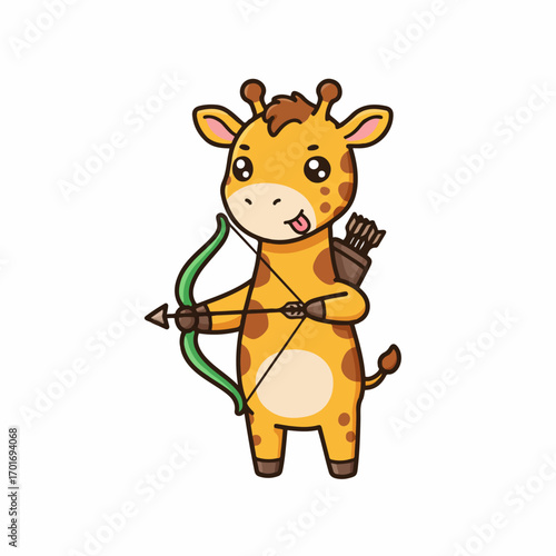 A cute cartoon giraffe holding a bow and arrow, ready to shoot.